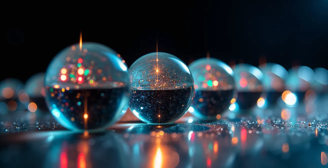 Extreme close-up of interconnected glass spheres reflecting distorted information, symbolizing an echo chamber.