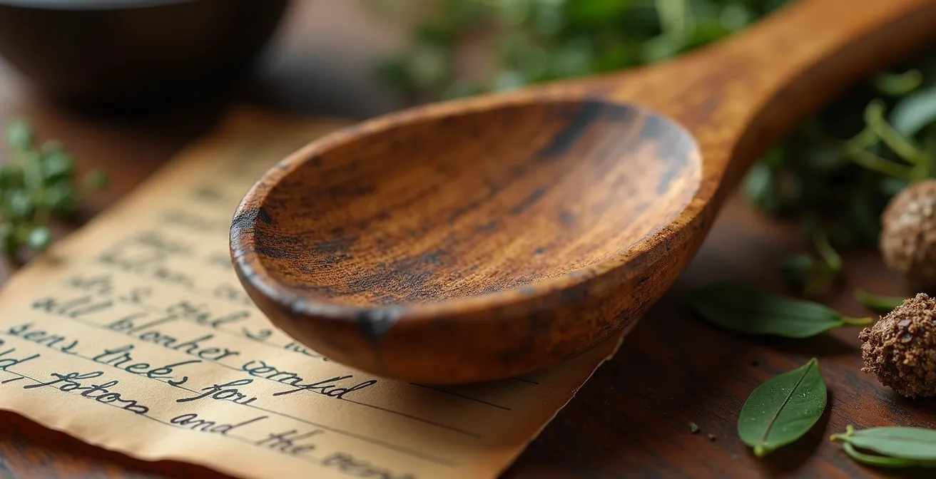 Vintage kitchen implements and recipe cards arranged to suggest culinary heritage research