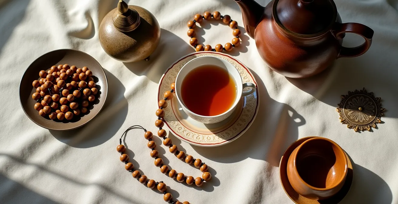 Traditional ceremonial objects from different cultures arranged on neutral fabric showing heritage fusion concept