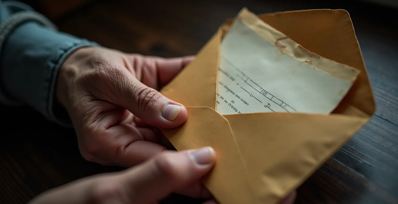 Aged documents partially revealed from envelope suggesting careful uncovering of family secrets