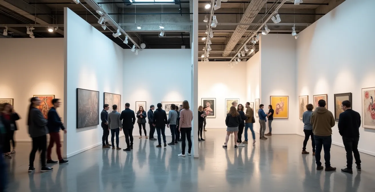 Split scene showing a bustling, professionally-lit art fair on the left and an intimate, raw graduate show studio space on the right.