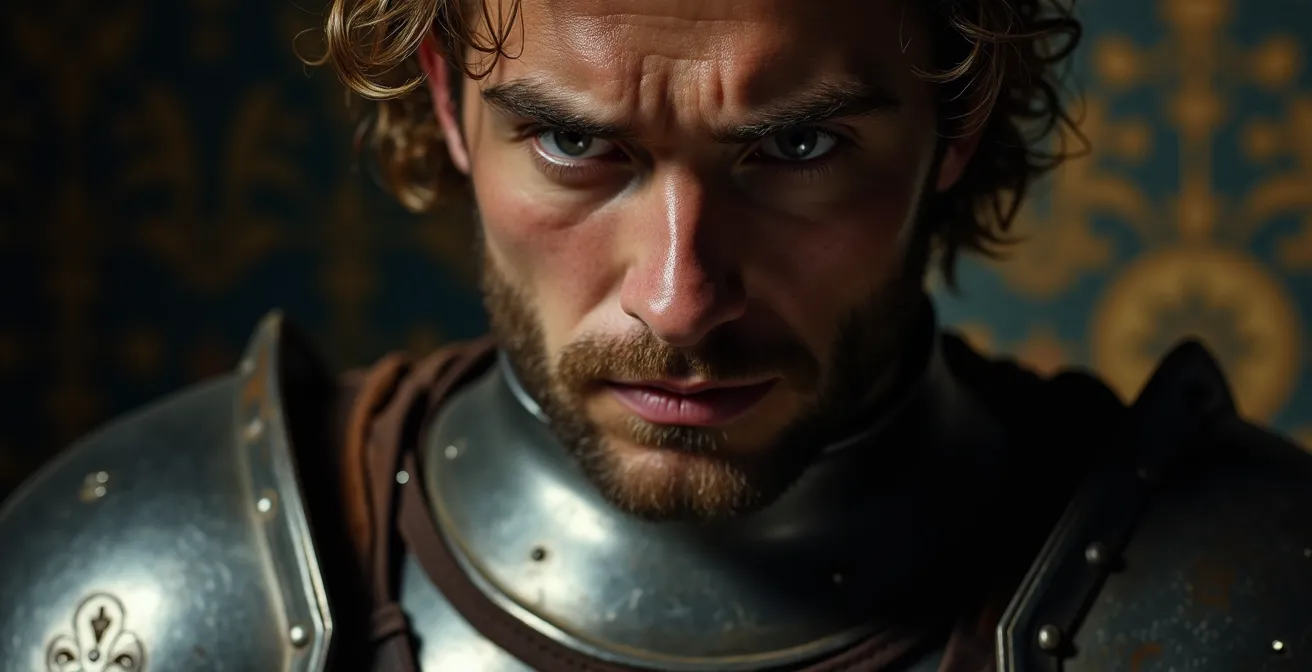 Medieval knight figure merging with abstract psychological symbols