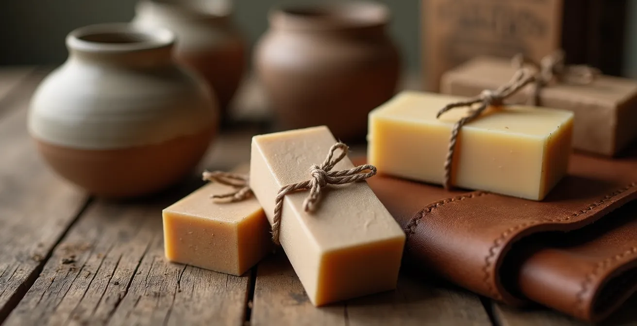 Close-up of handcrafted products with neutral packaging on wooden surface