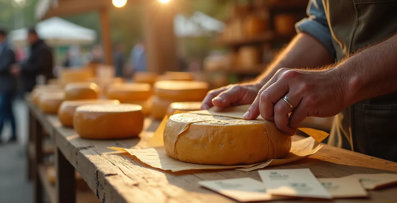A vendor's hands wrapping a wheel of cheese at a farmer's market, with product labels and business cards out of focus in the background.