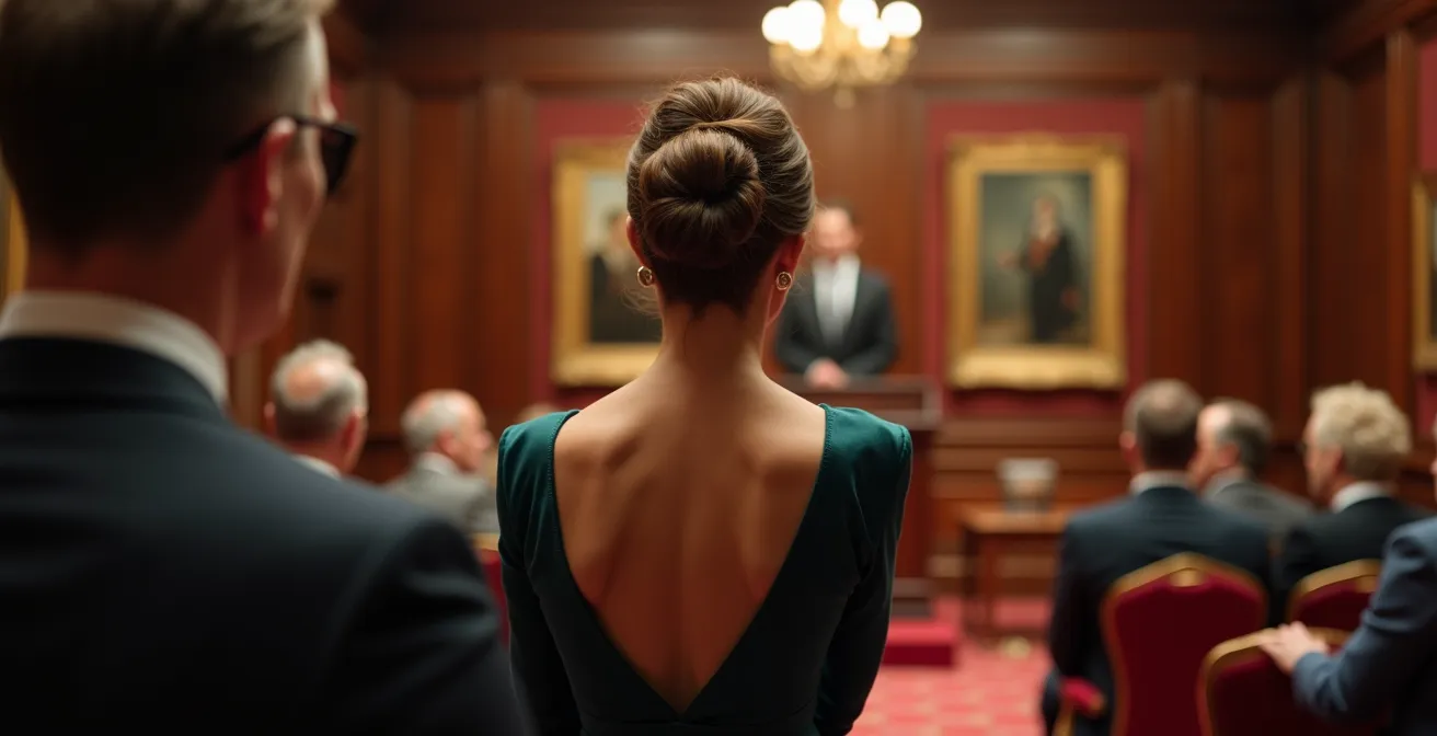 Professional auction setting showcasing vintage haute couture bidding process