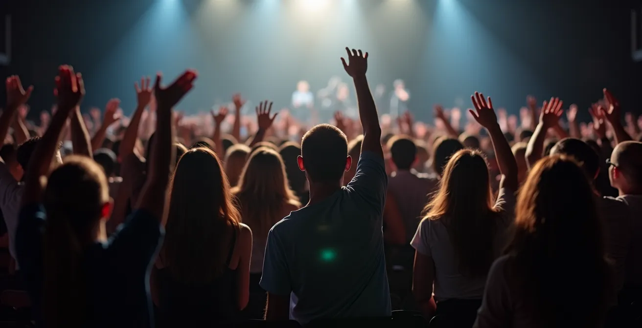 Diverse audience members actively participating in cultural performance through movement and engagement