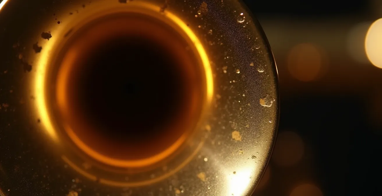 Brass instruments producing visible sound wave patterns in concert hall