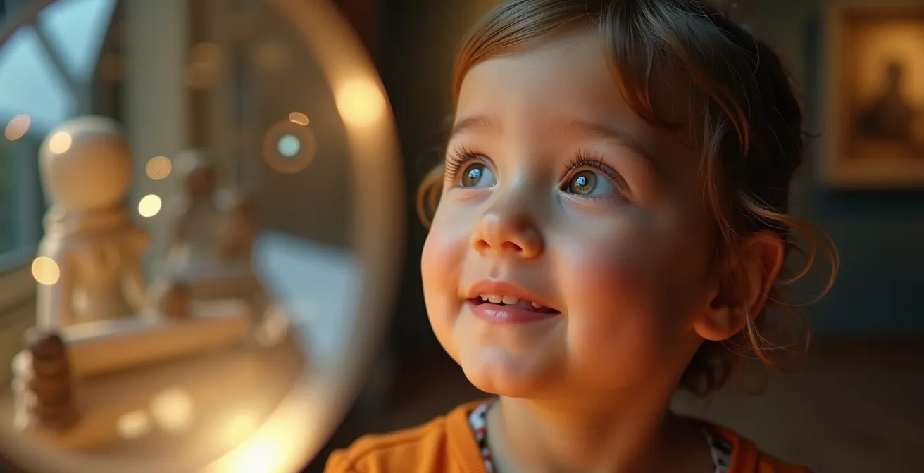 Child examining museum artifacts through magnifying glass with curious expression