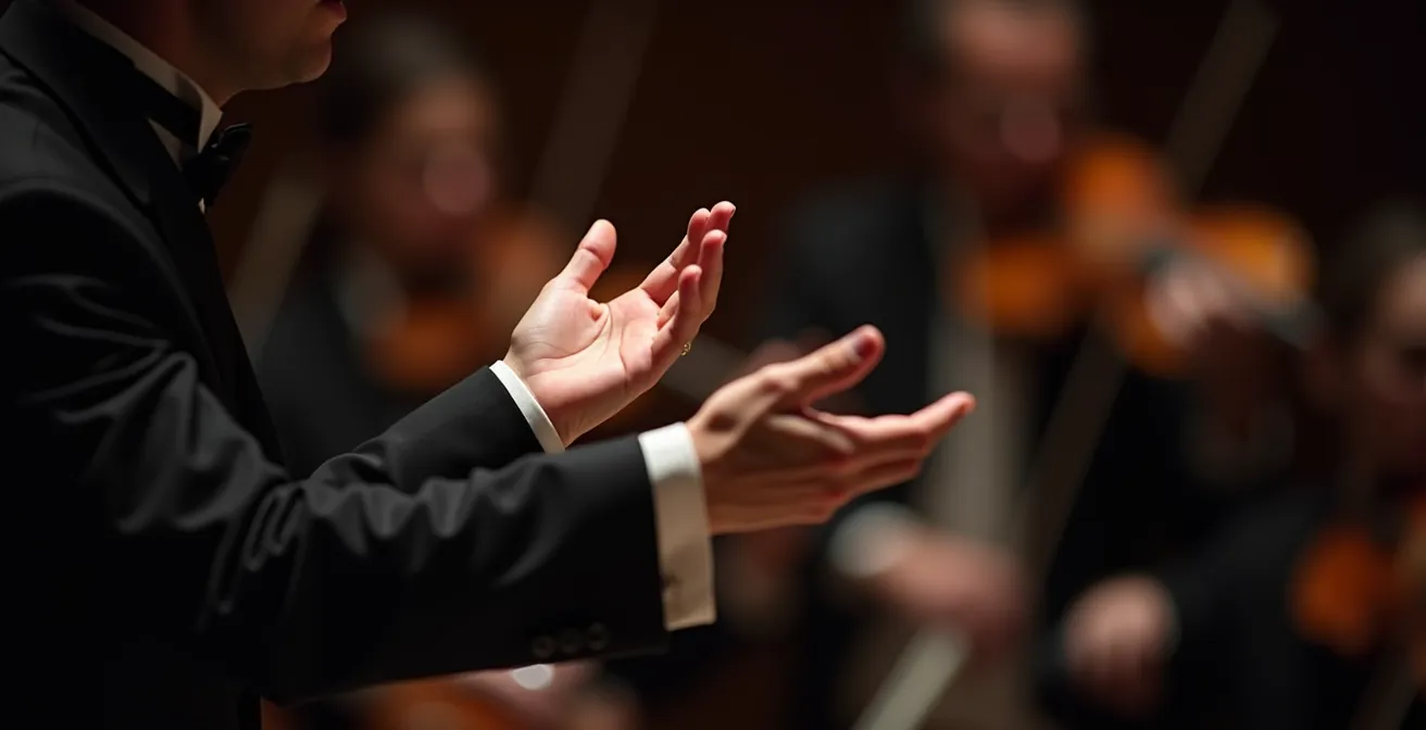 Conductor's hands in motion directing orchestra with visible energy flow