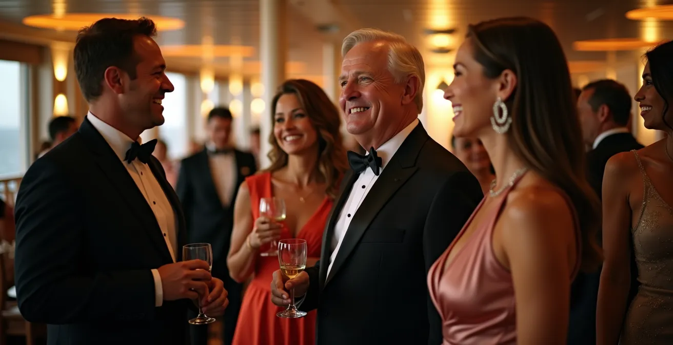 Elegant cruise passengers in varying dress codes from formal to smart casual