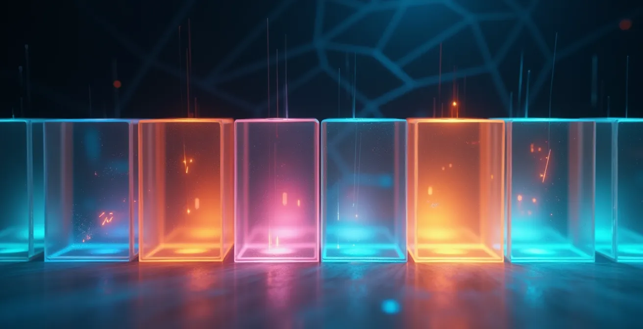 Abstract representation of data flowing through security filters and barriers