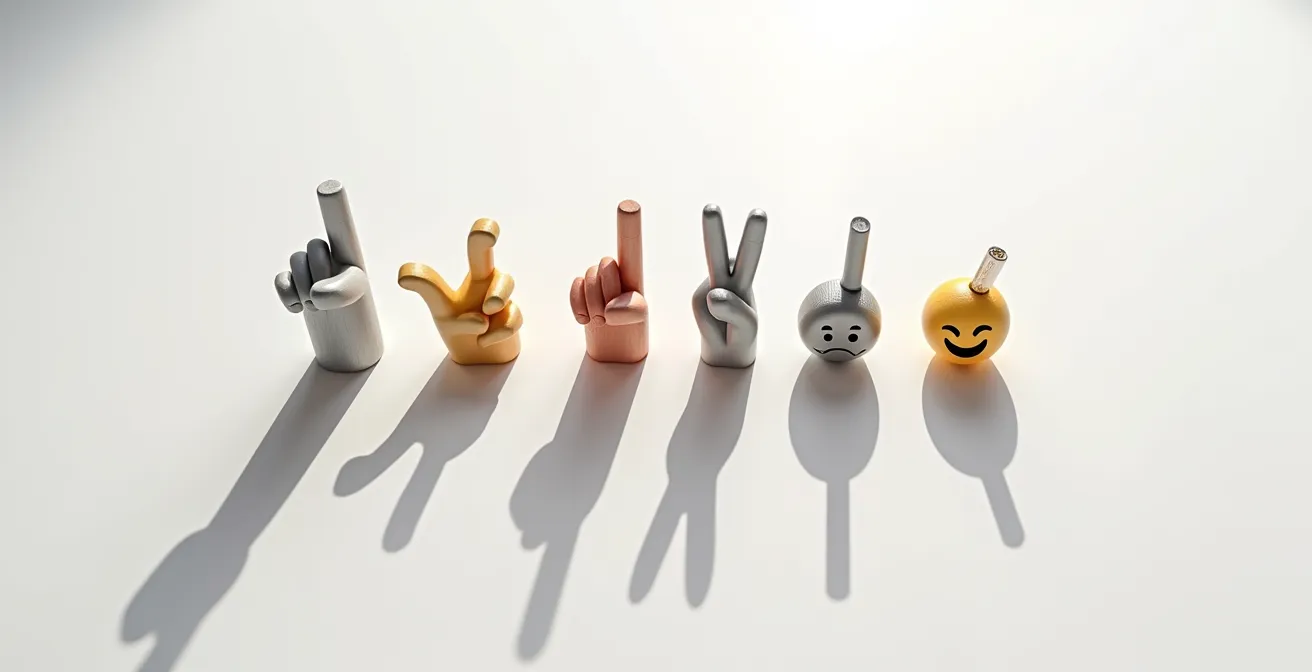 Abstract visualization of emoji symbols transforming across cultural contexts