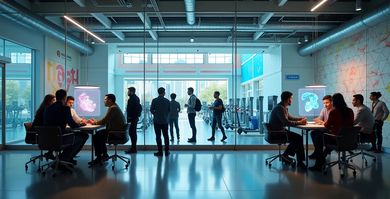 Modern co-working space integrated with smart city transportation hub showing seamless connectivity