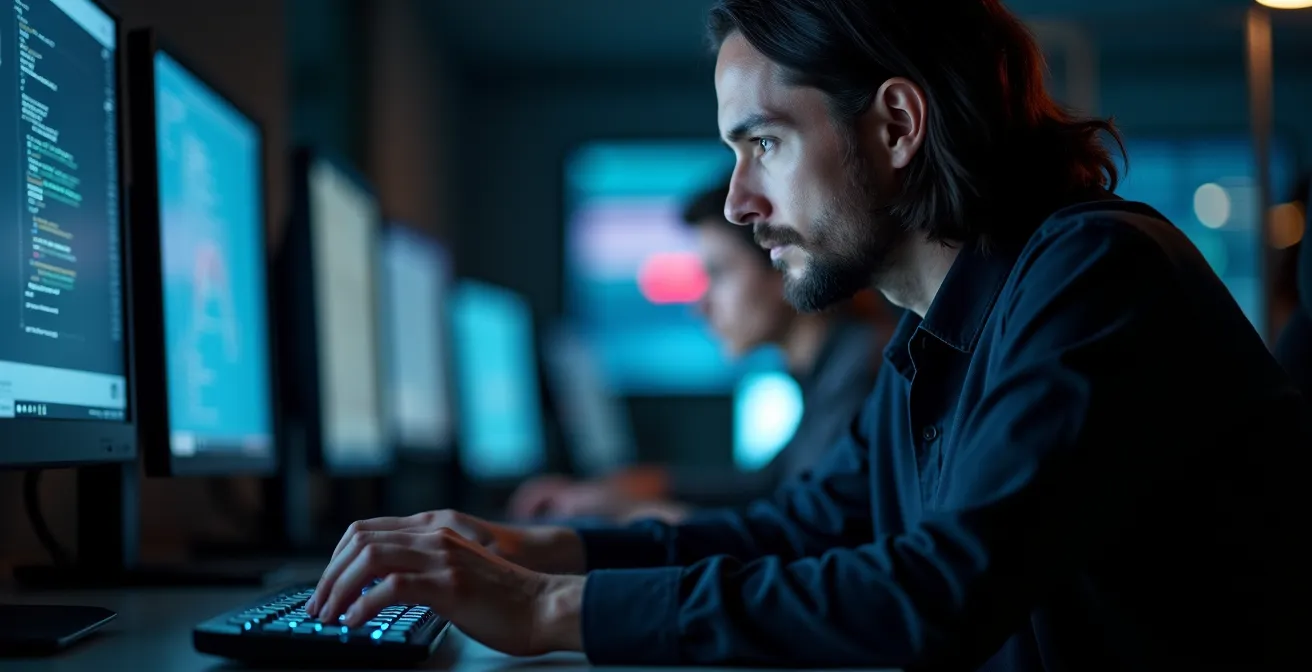 Security professionals working urgently at computer stations in dimly lit operations center