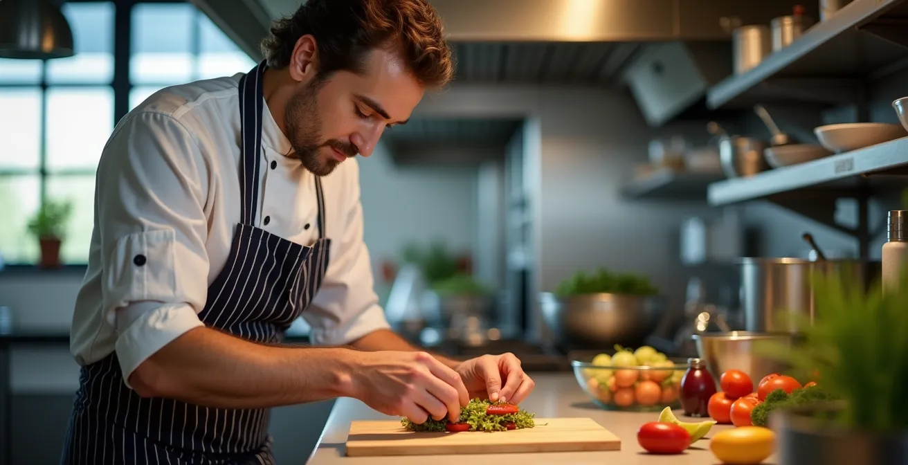 Portrait of a third-culture chef expressing personal culinary identity through innovative fusion cooking