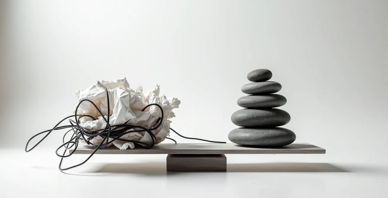 Business leader analyzing retreat investment options in a minimalist office setting, with a scale balancing chaos and zen stones.