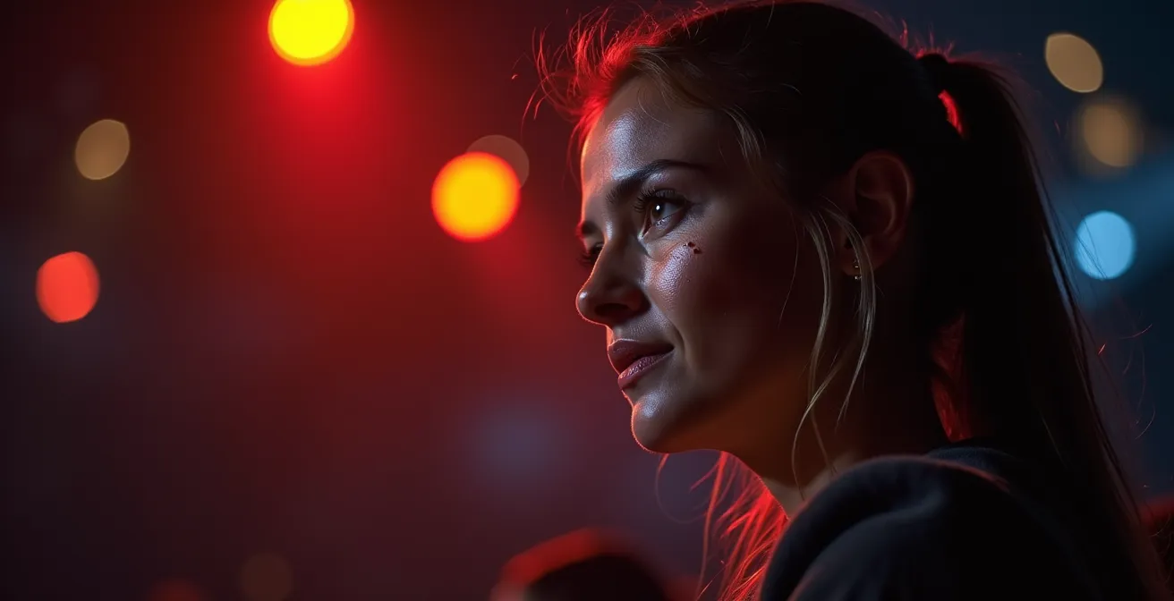 Close-up perspective of concert audience member experiencing multi-sensory engagement
