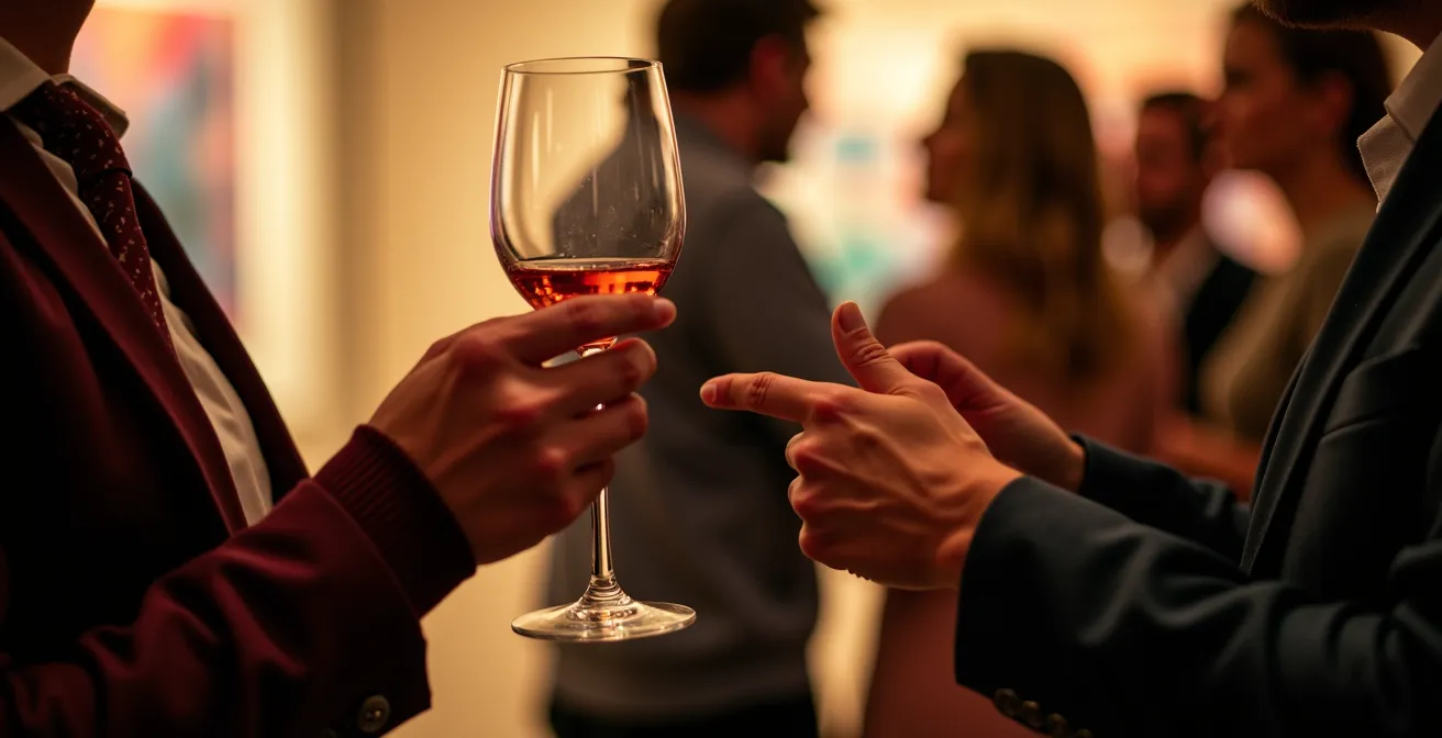 An artist and a visitor engaged in an intimate, warm-lit conversation at a gallery opening.