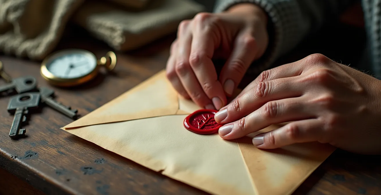 Hands carefully sealing an envelope marked with family tree symbol