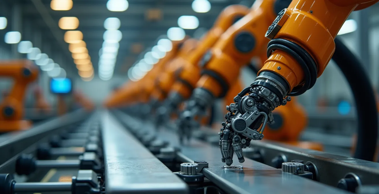 Close-up of synchronized robotic arms in industrial setting demonstrating ultra-low latency coordination