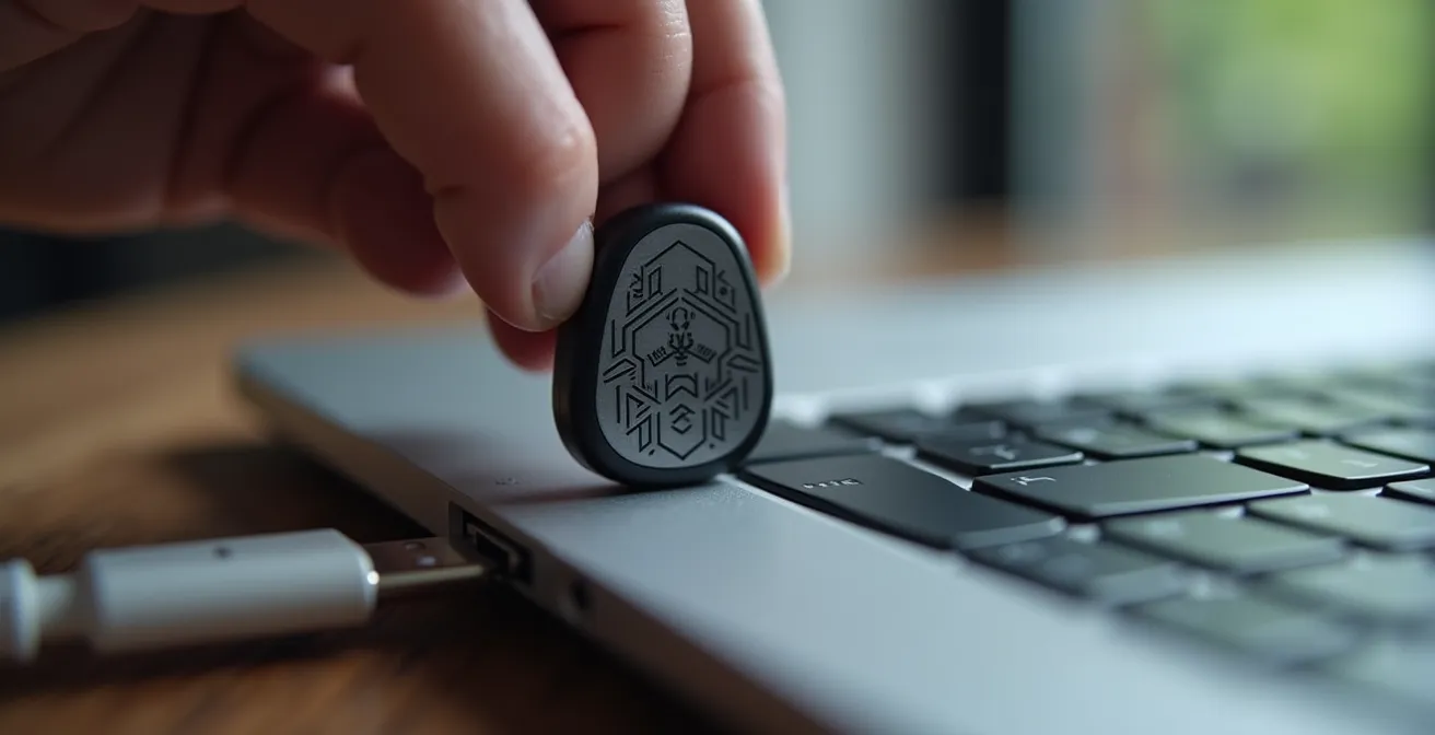 Close-up of hands inserting a security key into laptop USB port