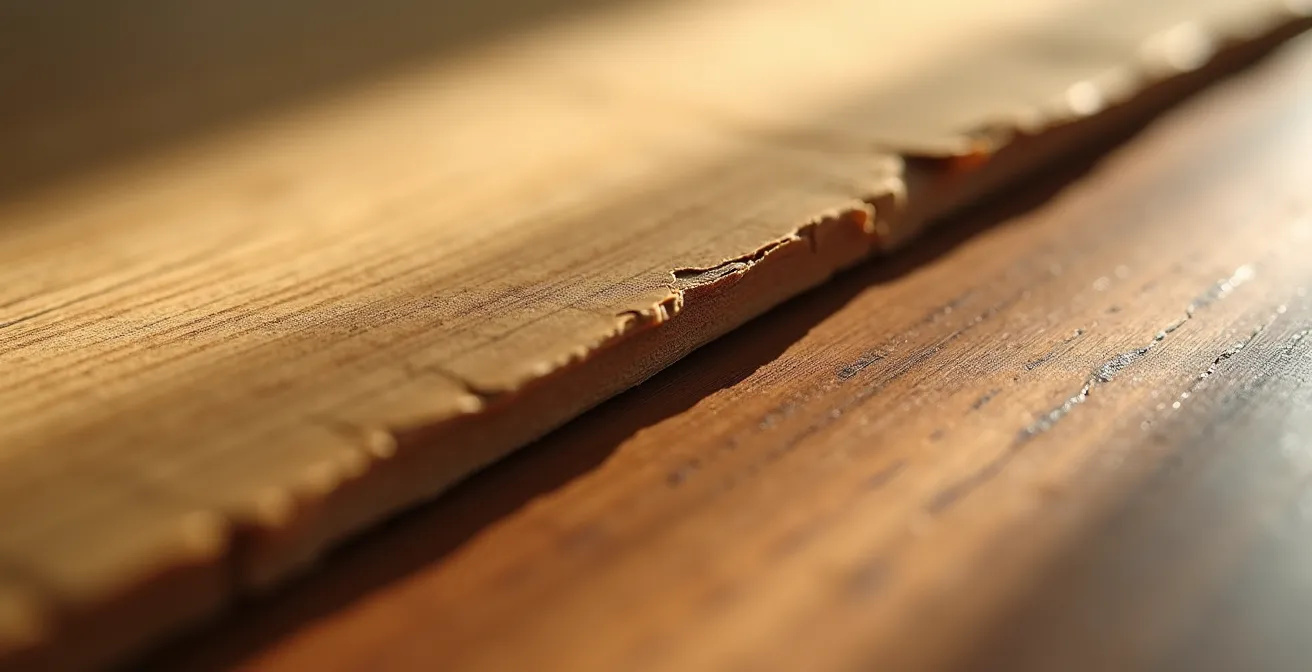 Macro shot revealing the texture contrast between a marketed eco-friendly wood veneer and the actual synthetic plastic material underneath.