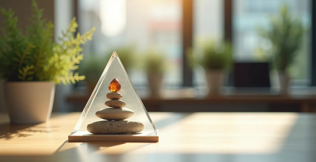 Visual representation of a structured information consumption hierarchy with a pyramid on a desk.