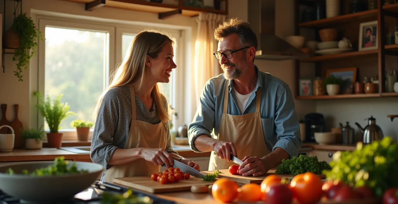 Two people engaged in animated conversation while cooking together in a home kitchen