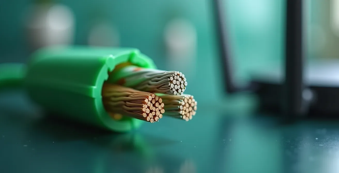 Close-up macro shot of green KNX bus cable showing industrial-grade construction