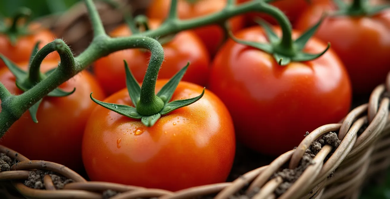Freshly harvested heirloom tomatoes and vegetables displaying vibrant colors and natural imperfections