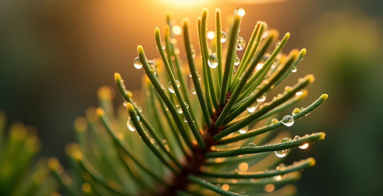 Extreme close-up of pine needles releasing invisible phytoncides with morning dew drops