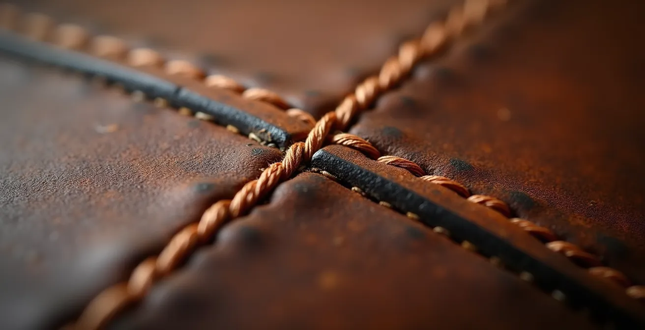 Extreme close-up of saddle stitching on aged leather