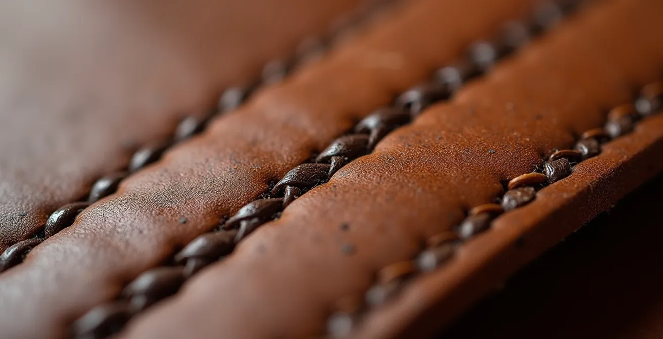 Extreme close-up of saddle stitching on leather showing thread pattern