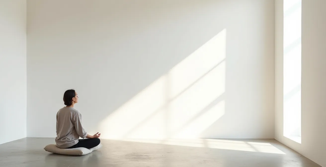 Wide angle view of empty minimalist room with single person sitting in meditation facing blank wall