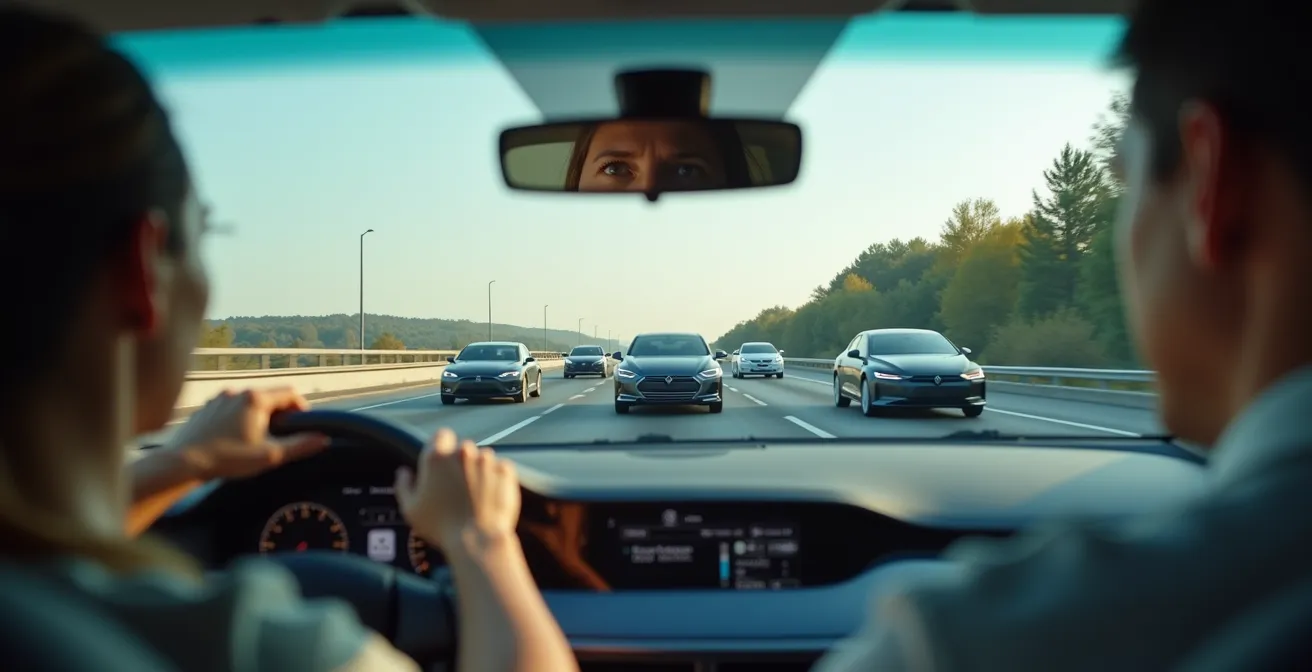 Highway scene showing interaction between human-driven and autonomous vehicles