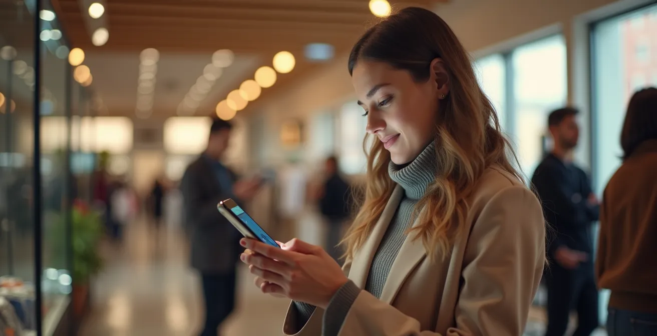 Customer using mobile app while browsing in physical retail store with seamless digital integration