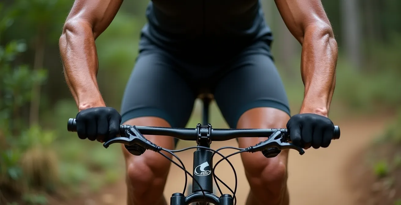 Close-up of a rider's body position while pumping through terrain on a hardtail bike
