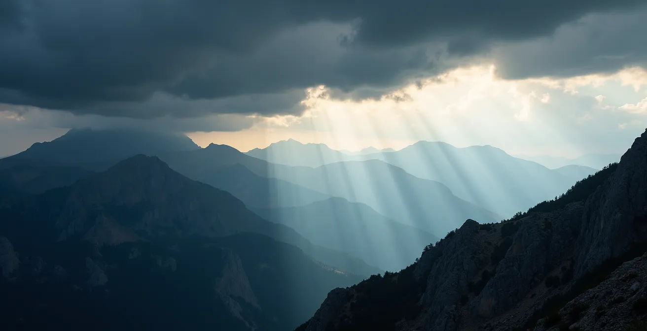 Dramatic mountain storm clouds forming over alpine terrain for weather prediction