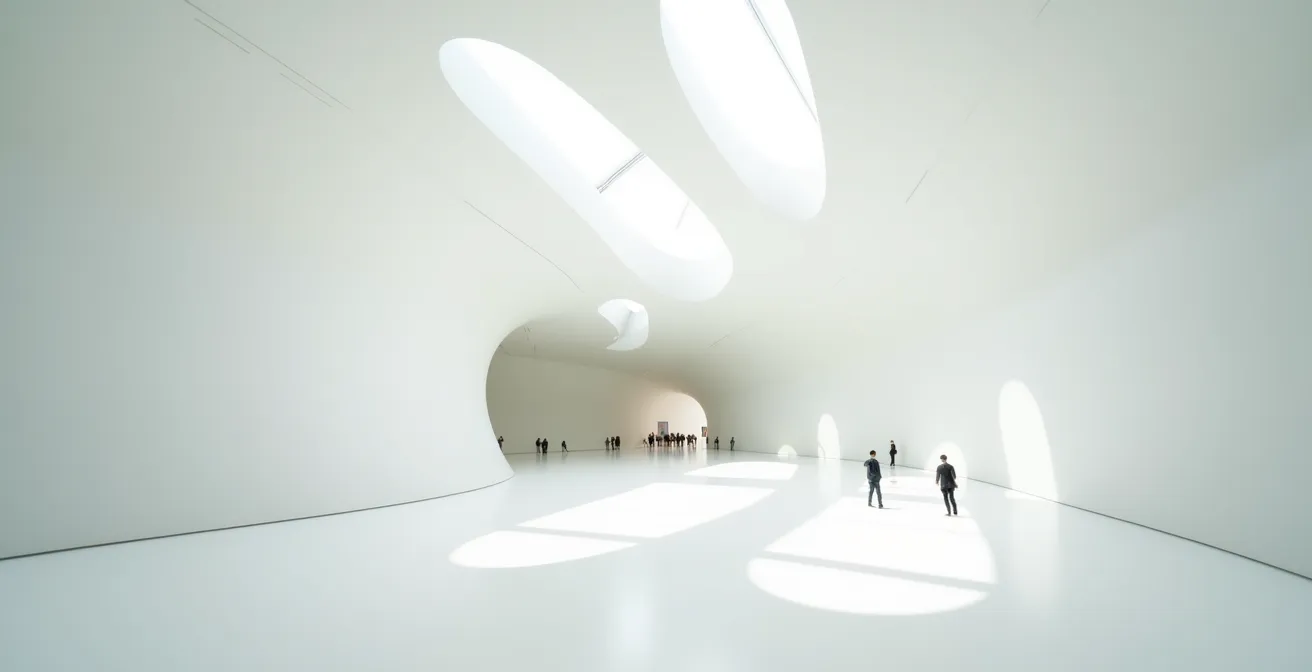 Wide angle view of museum interior showing dramatic architecture and visitor flow patterns