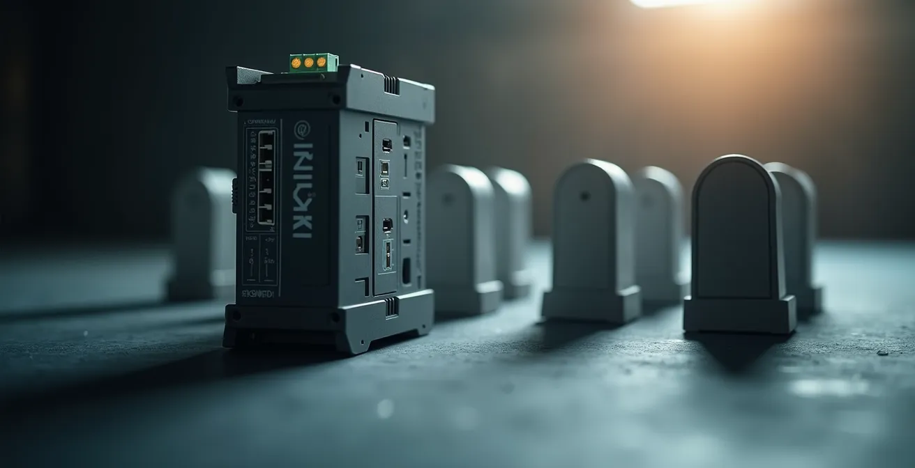 Timeline visualization showing KNX longevity versus discontinued proprietary hubs