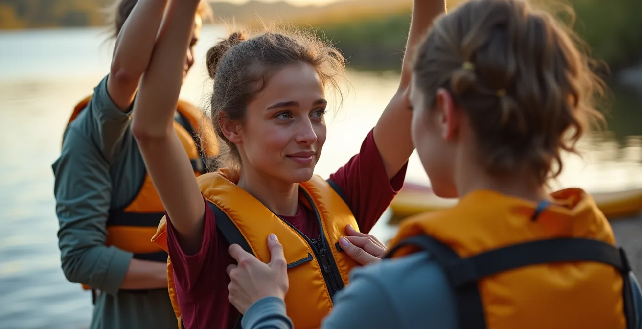 Partner performing lift test on kayaker's life jacket to check proper fit