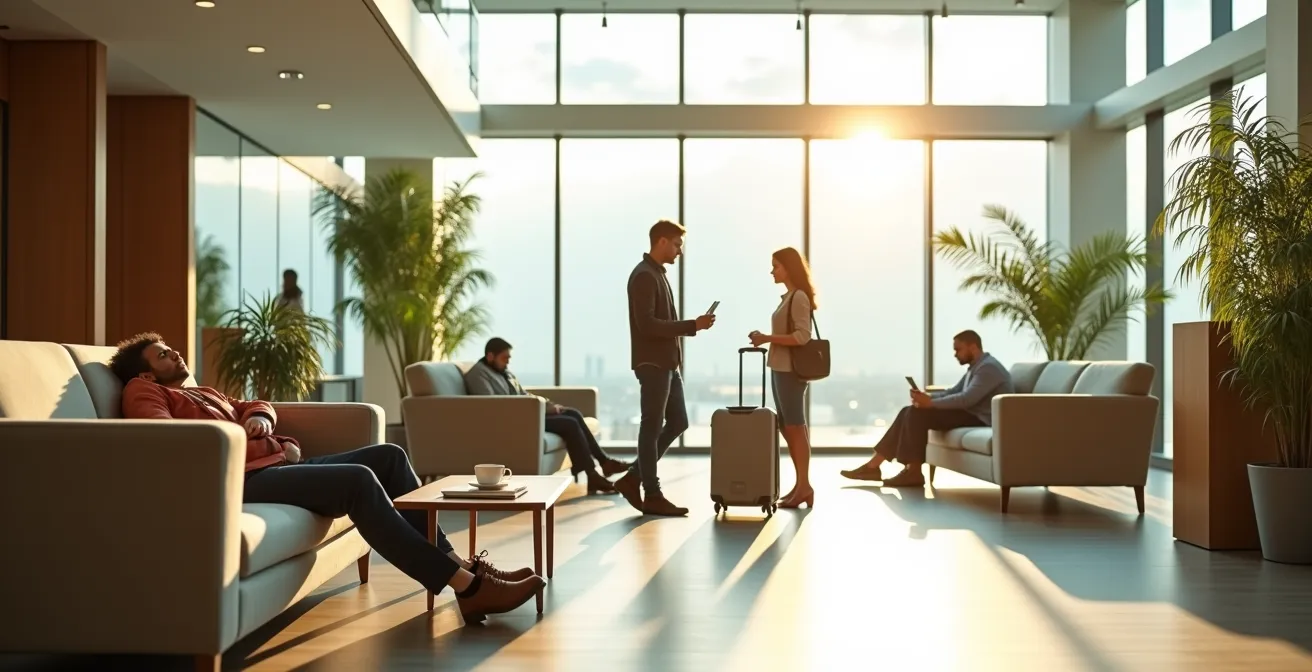 Travelers relaxing in a bright hotel lobby with their luggage, some reading on a sofa while others chat casually over coffee.