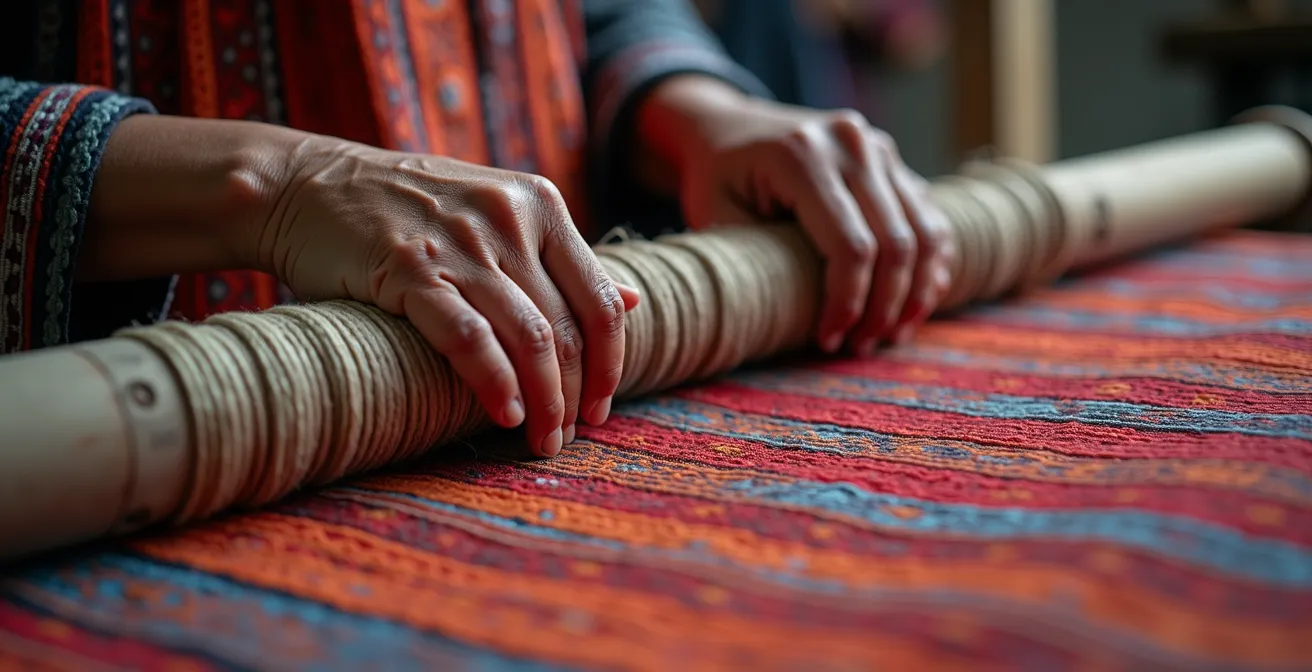 Photographer's hands holding camera focused on intricate textile weaving, not the artisan