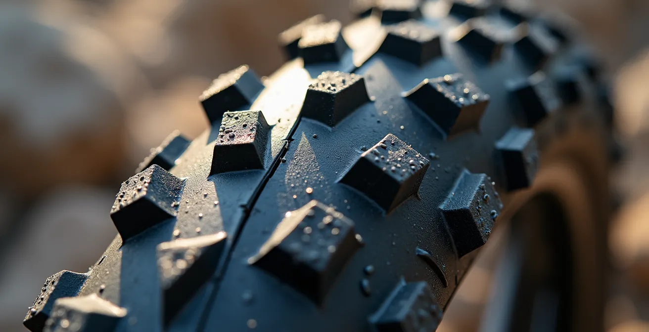 Extreme close-up of bike tire gripping rocky terrain