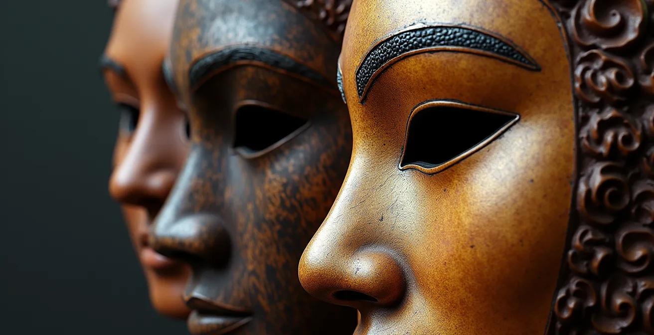 Abstract theatrical masks suggesting ancient ritual and modern performance