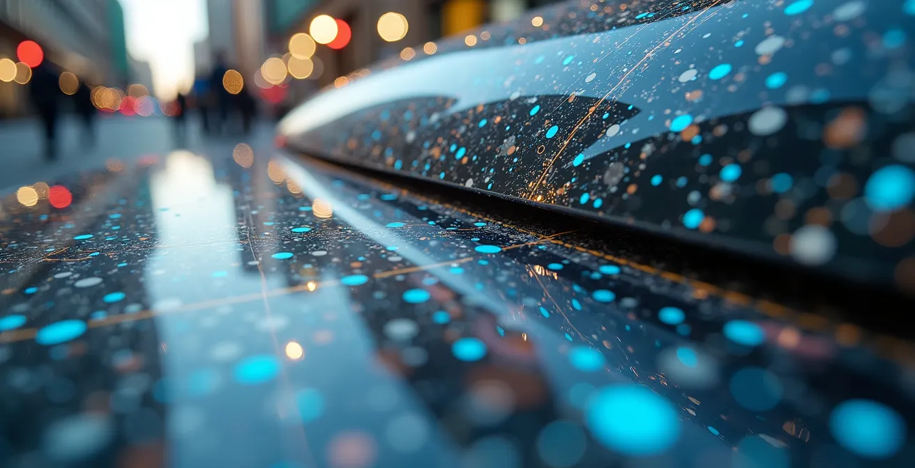 Futuristic multi-level transport hub with autonomous pods and robotaxis in seamless operation