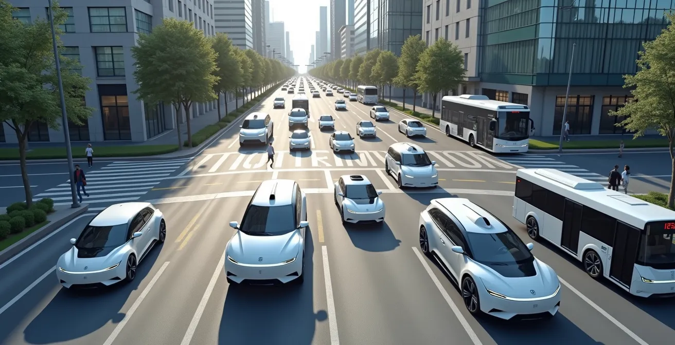Futuristic urban scene showing various autonomous transport modes integrated in city infrastructure