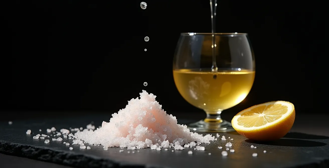 Artistic arrangement of coarse salt crystals and a lemon next to a wine glass, symbolizing the concepts of minerality and acidity.