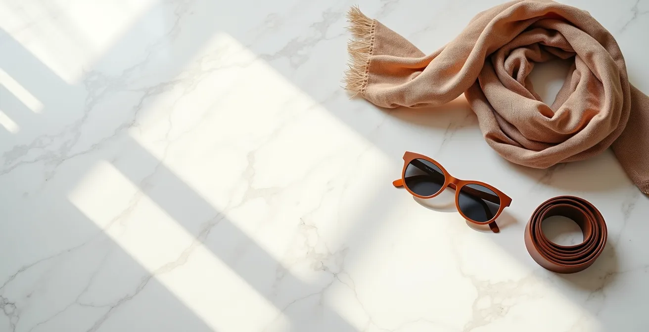 Minimalist arrangement of seasonal fashion accessories in natural light, including a scarf, belt, and sunglasses.