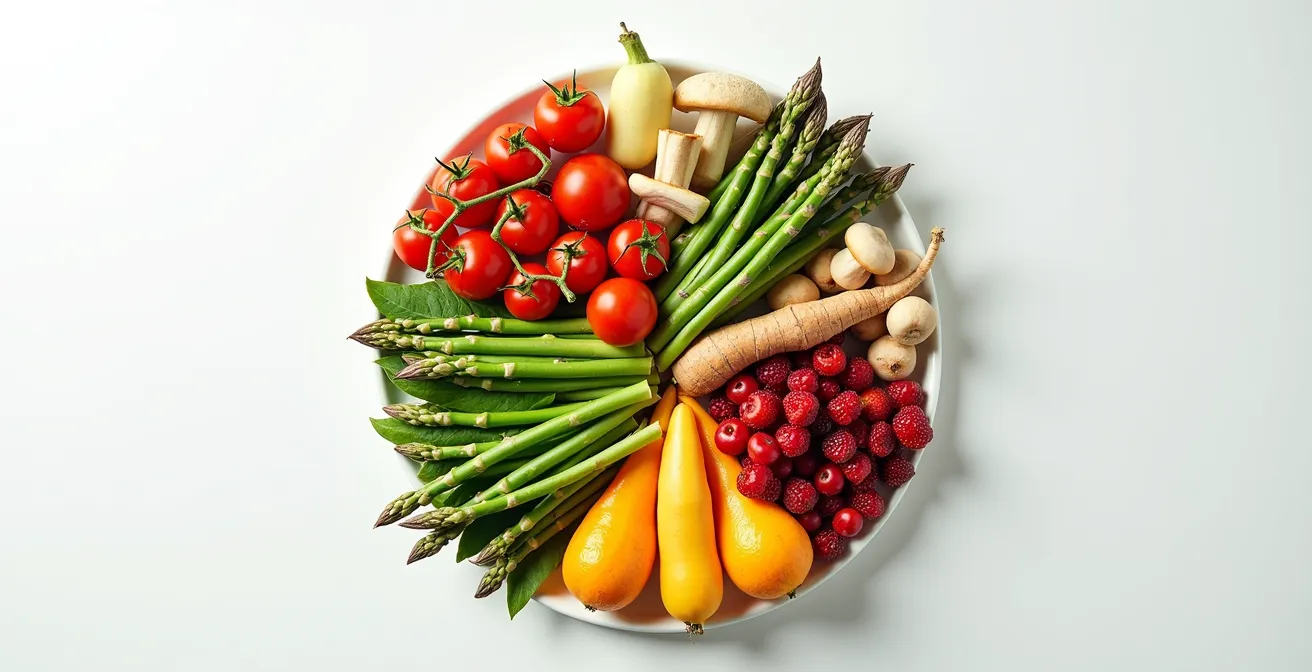 Seasonal vegetables and fruits arranged in a circular mandala pattern representing the four seasons
